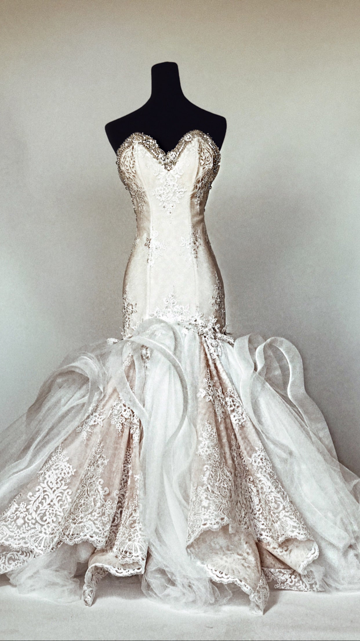 SAMPLE SALE: Custom Crystal and Lace Mermaid with Detachable Train