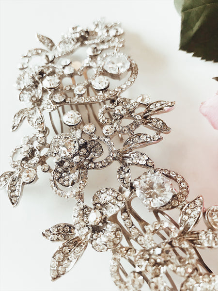 Zinnia Bridal Hair Comb with Full Pavé Crystal and Art-deco Detailing