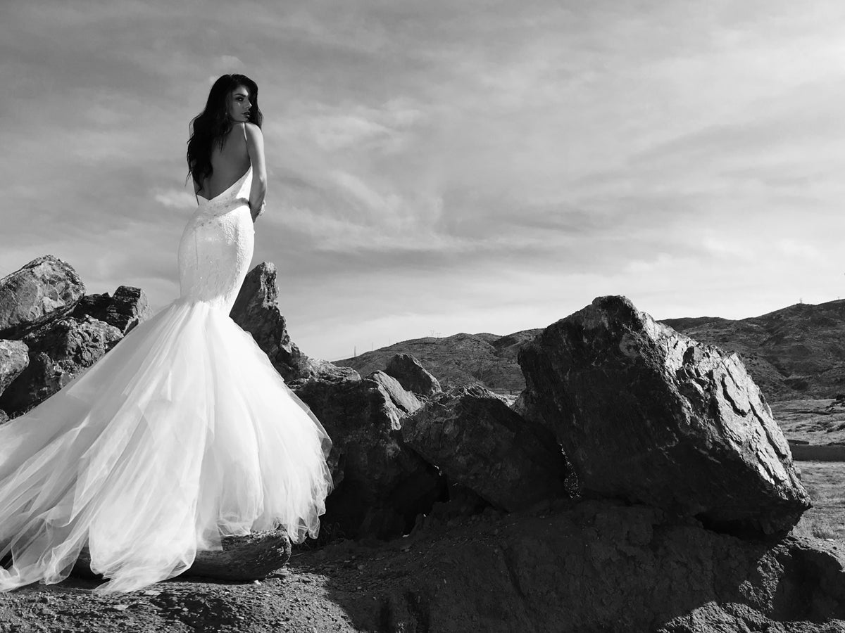 Lauren Elaine Lola mermaid wedding dress with sparkle sequin lace and detachable cathedral tulle train.