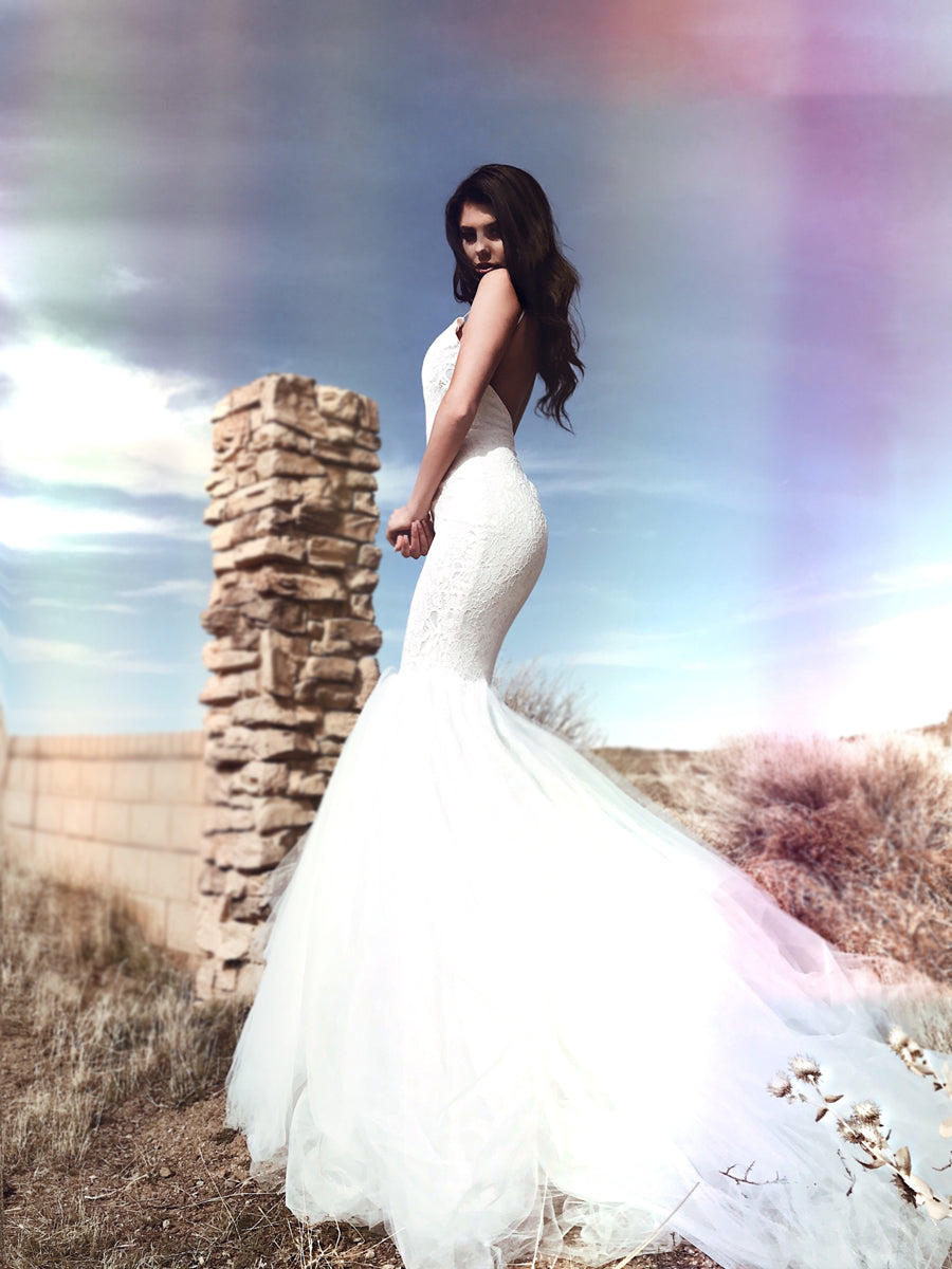 Sexy fishtail mermaid wedding dress with cathedral train and sparkling lace crystal details and open back.