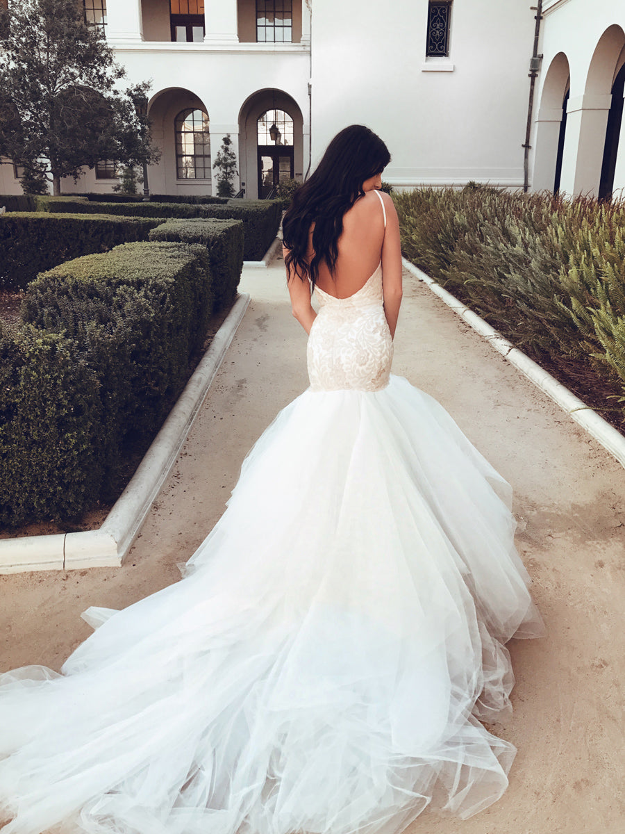 Rosabelle form fit mermaid wedding dress with 8ft cathedral train