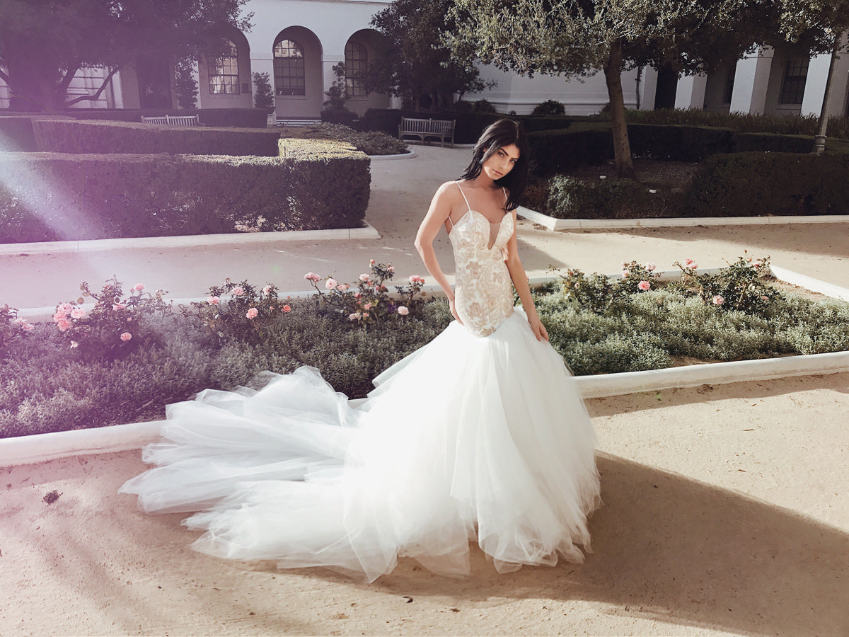 Rosabelle blush sequin mermaid fit and flare wedding dress by Lauren Elaine Bridal Los Angeles