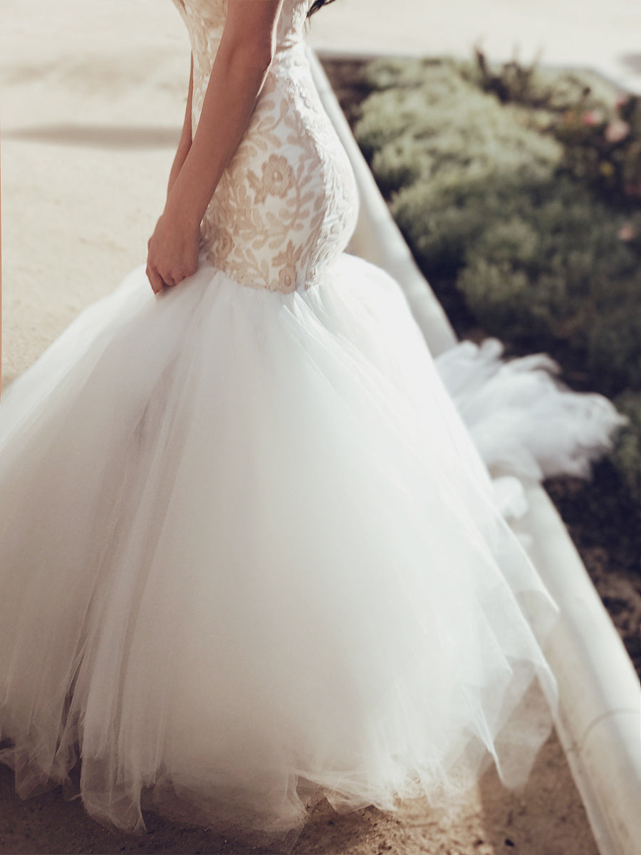 Blush sequin and tulle skirt detailing on the Lauren Elaine "Rosabelle" wedding dress