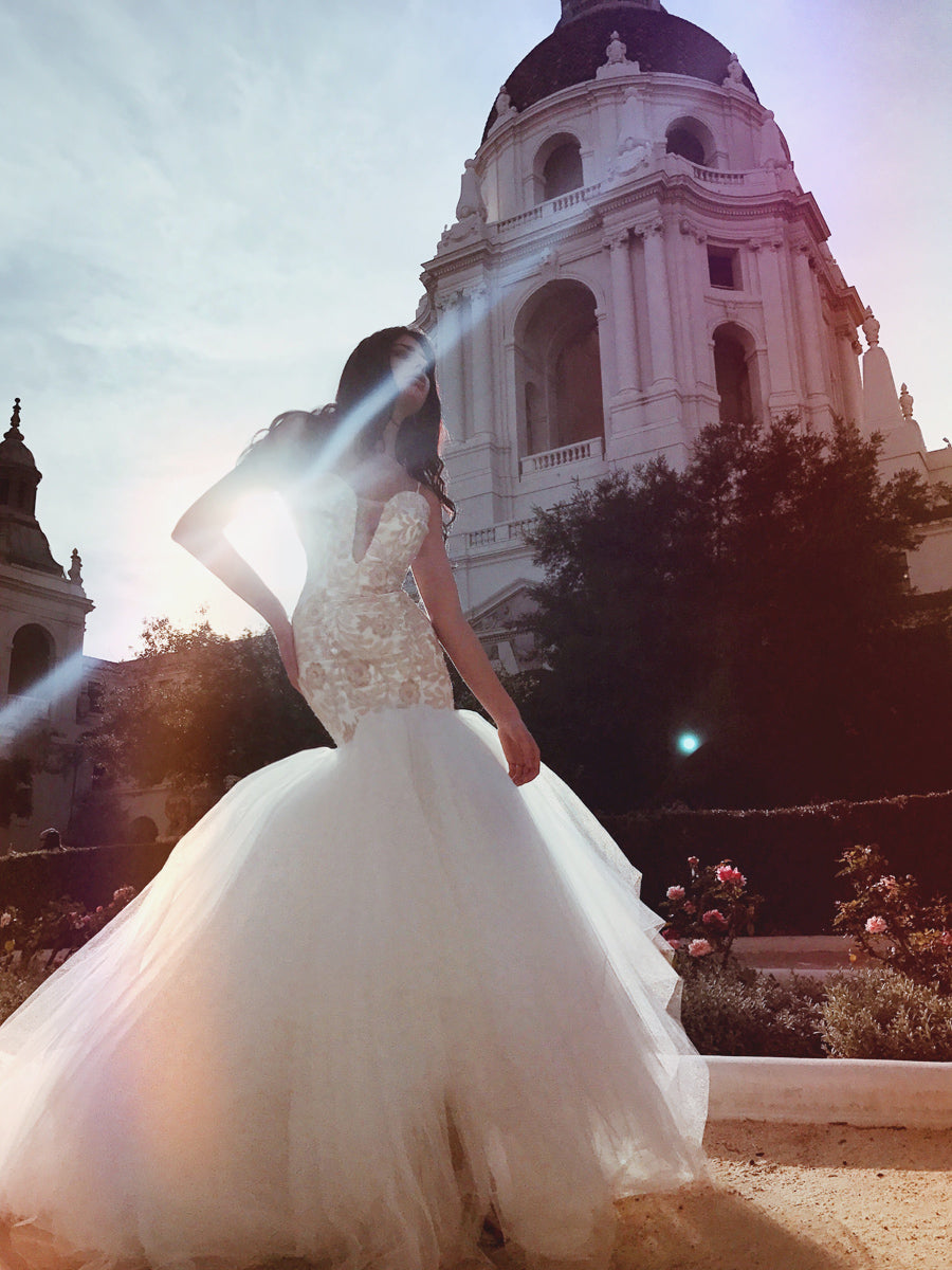 Form fit deep V illusion sequin blush wedding dress with tulle skirt and 8ft cathedral train