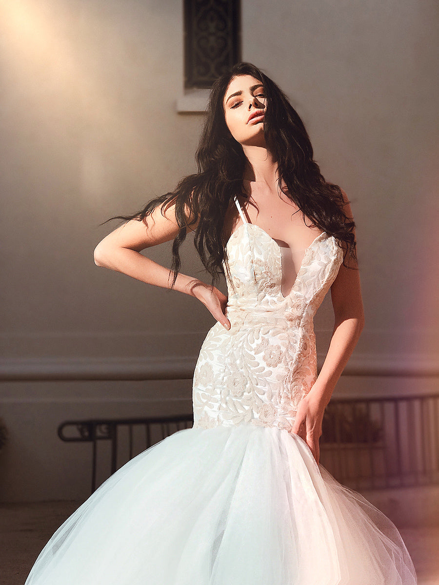 Blush sequin mermaid wedding dress with deep v illusion neckline