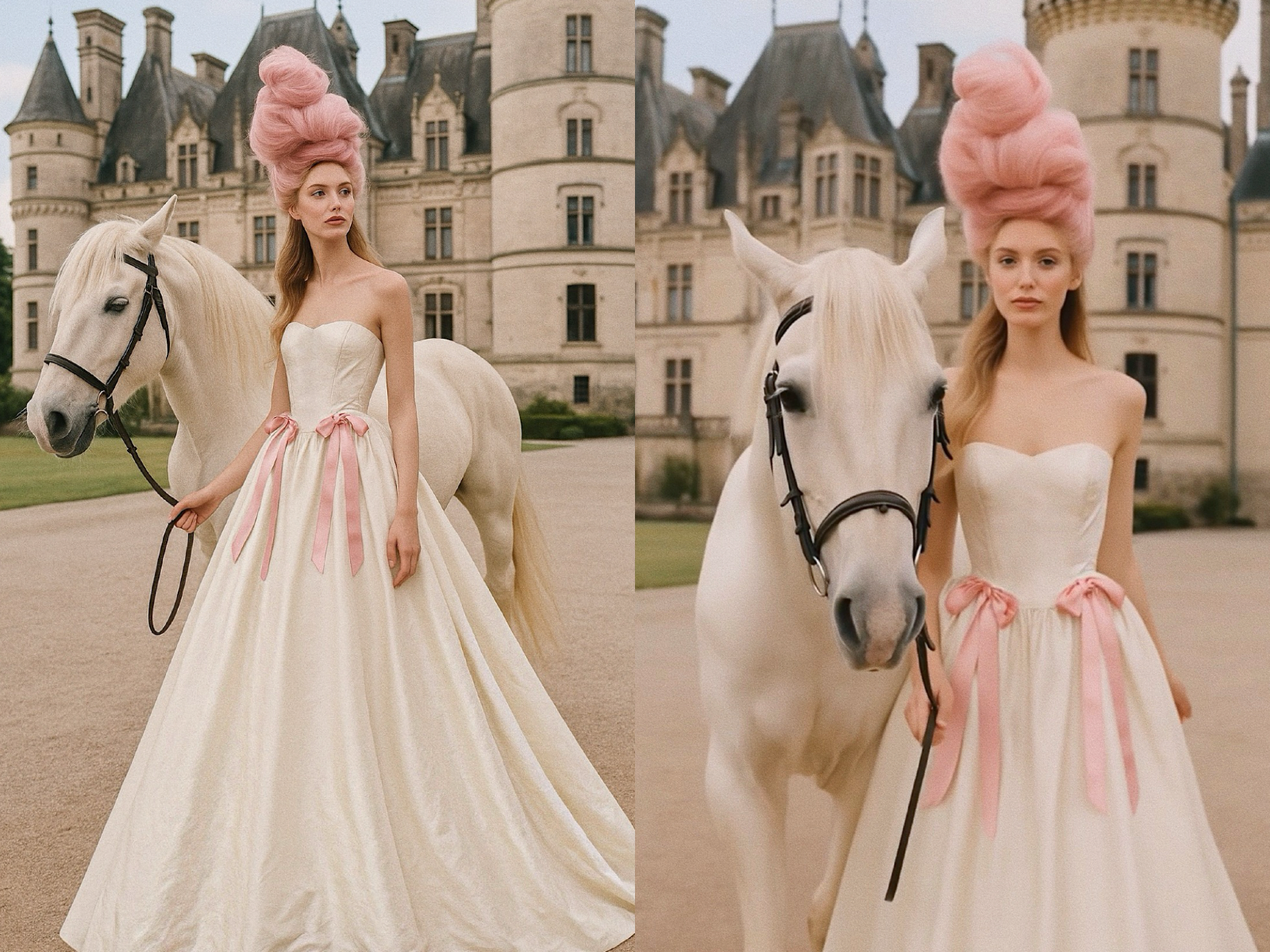 A model poses in a silk taffeta Basque waist wedding dress with blush bows in a Marie Antoinette inspired bridal editorial in France.