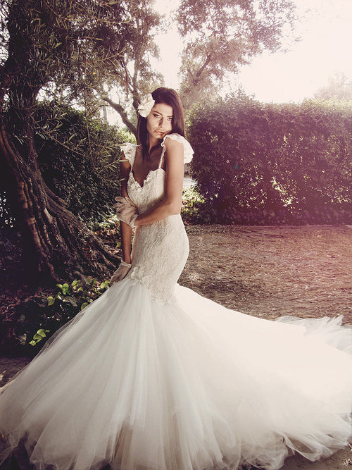 Romantic lace mermaid wedding gown with sweetheart neckline and lace spaghetti straps