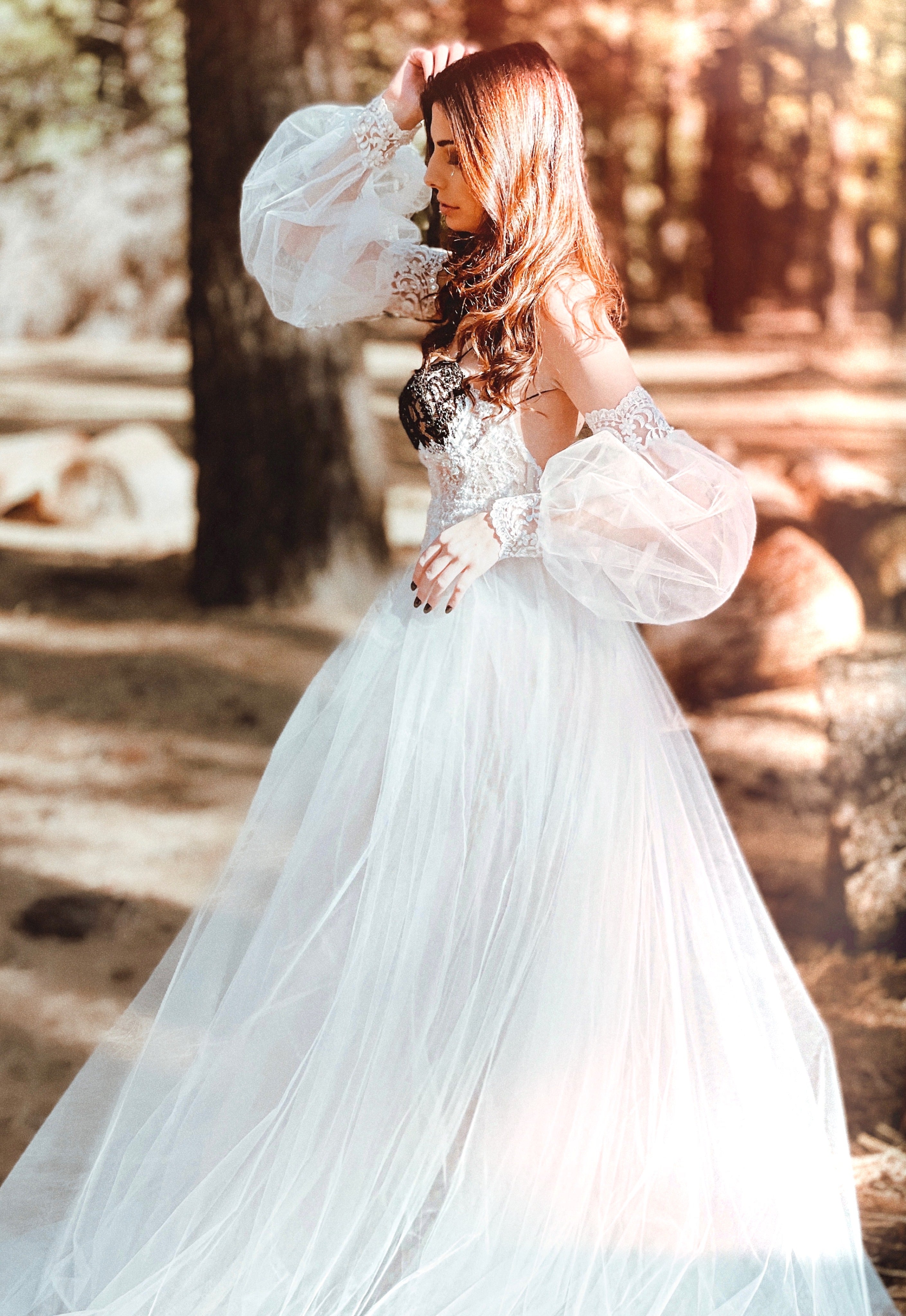 Detachable Beaded Lace & Tulle Bishop Sleeves