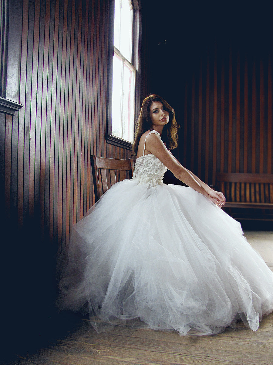 Layered tulle ballgown with french corded lace. Illusion wedding gown