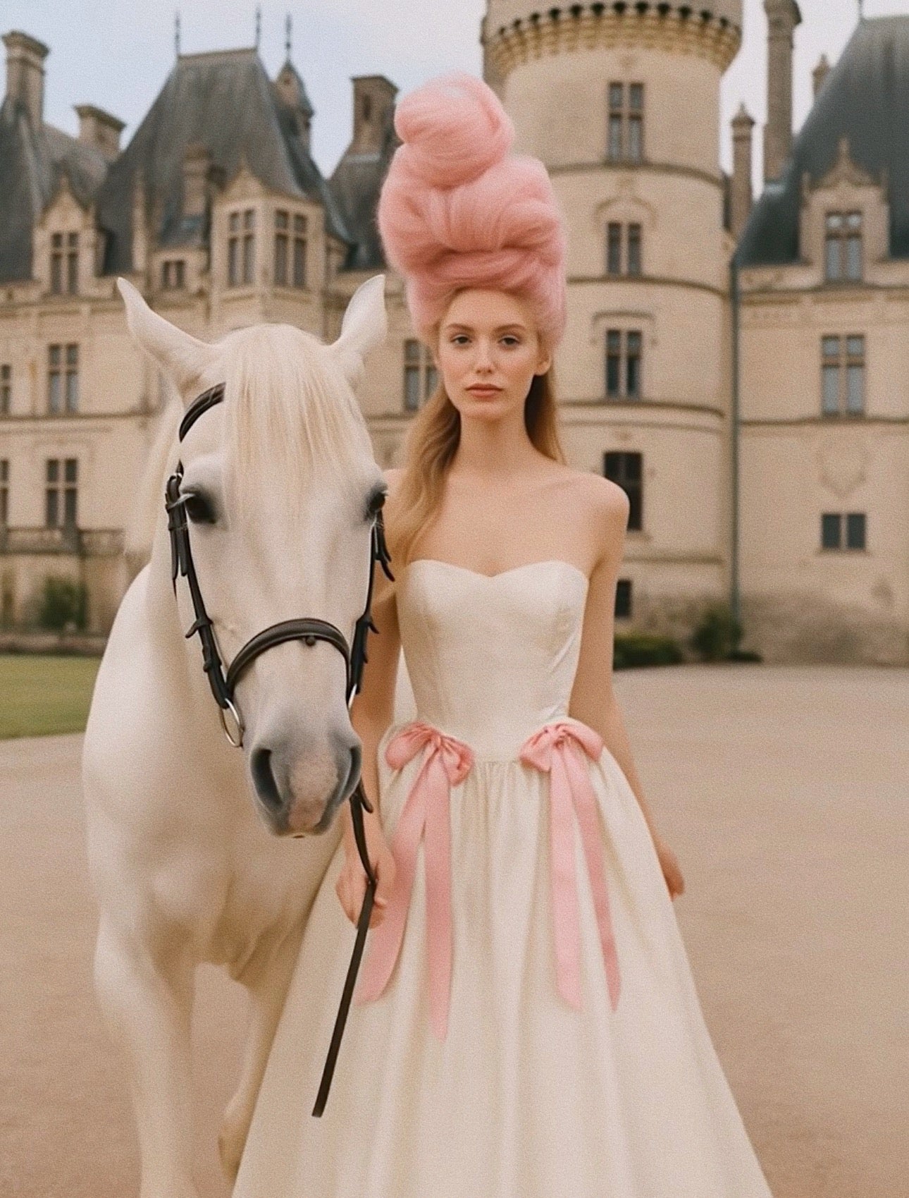 Marie Antoinette inspired bride wearing a silk taffeta Basque waist wedding dress with pink ribbons standing next to a horse- close up.
