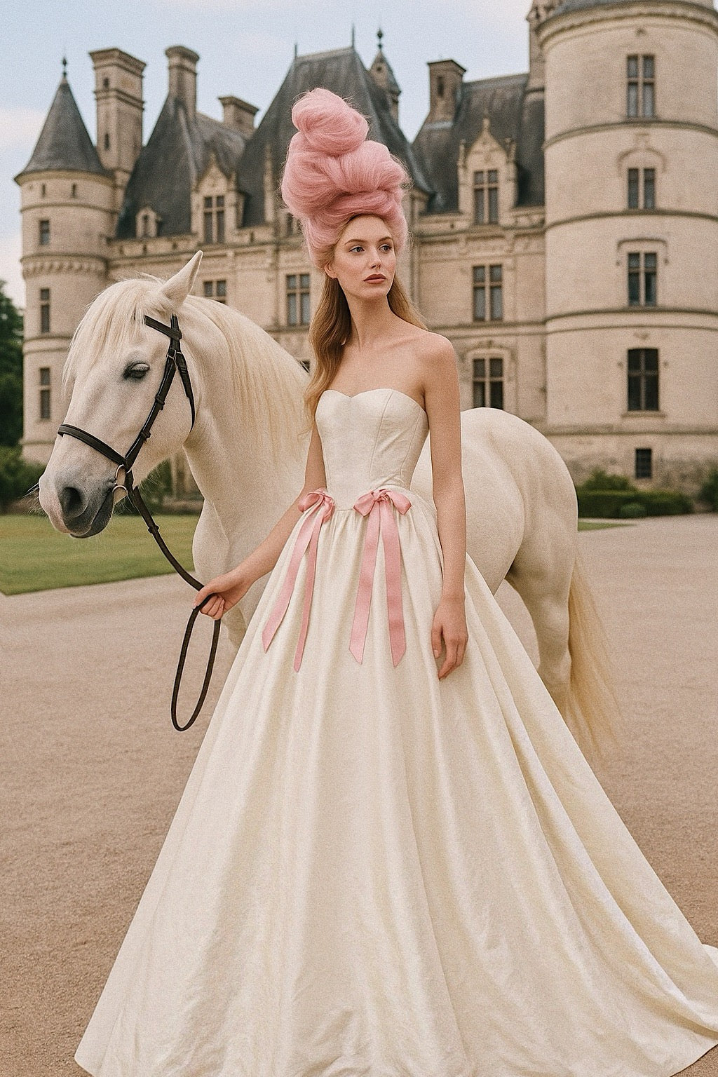Marie Antoinette inspired bride wearing a silk taffeta Basque waist wedding dress with pink ribbons standing next to a horse in front of a castle.