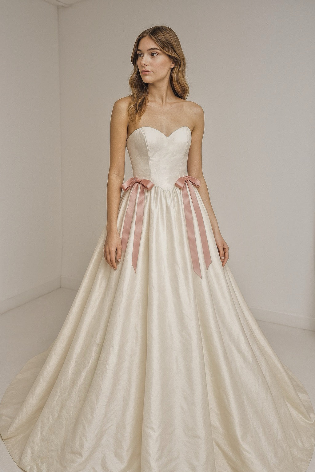Amora silk taffeta Basque waist sweetheart ball gown with pink bows – front view