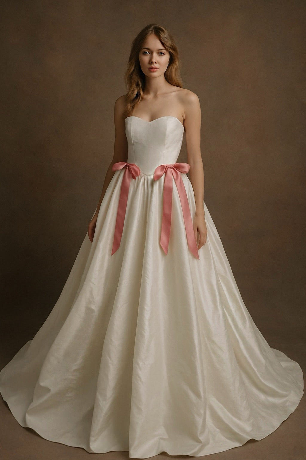 A model wears a silk taffeta sweetheart wedding dress with pink ribbons on a brown background