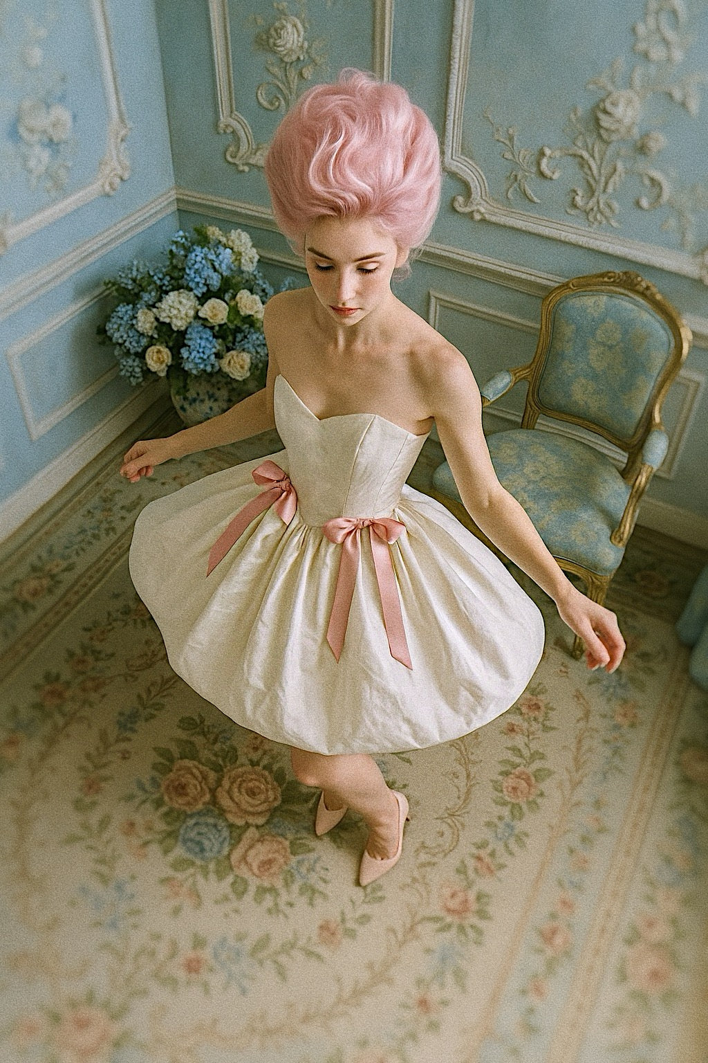 Bridal mini dress in silk taffeta with blush bows, sweetheart neckline, and Basque waist.