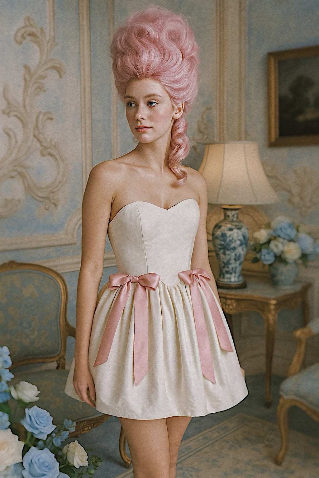 Marie Antoinette inspired mini wedding dress with blush bows and silk taffeta skirt and sweetheart bodice.