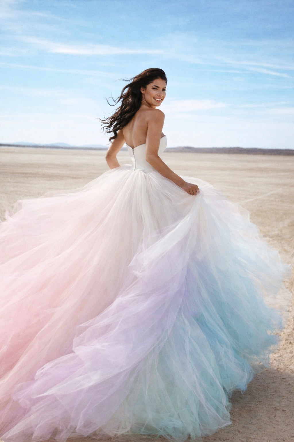 Rainbow wedding dress with pastel ombré tulle skirt in desert setting, strapless satin bodice.