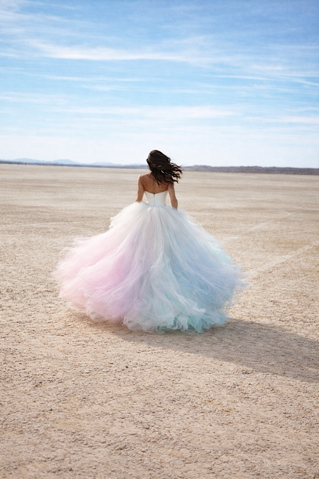 Rainbow wedding dress with Italian satin bodice and pastel ombré tulle skirt by Lauren Elaine.