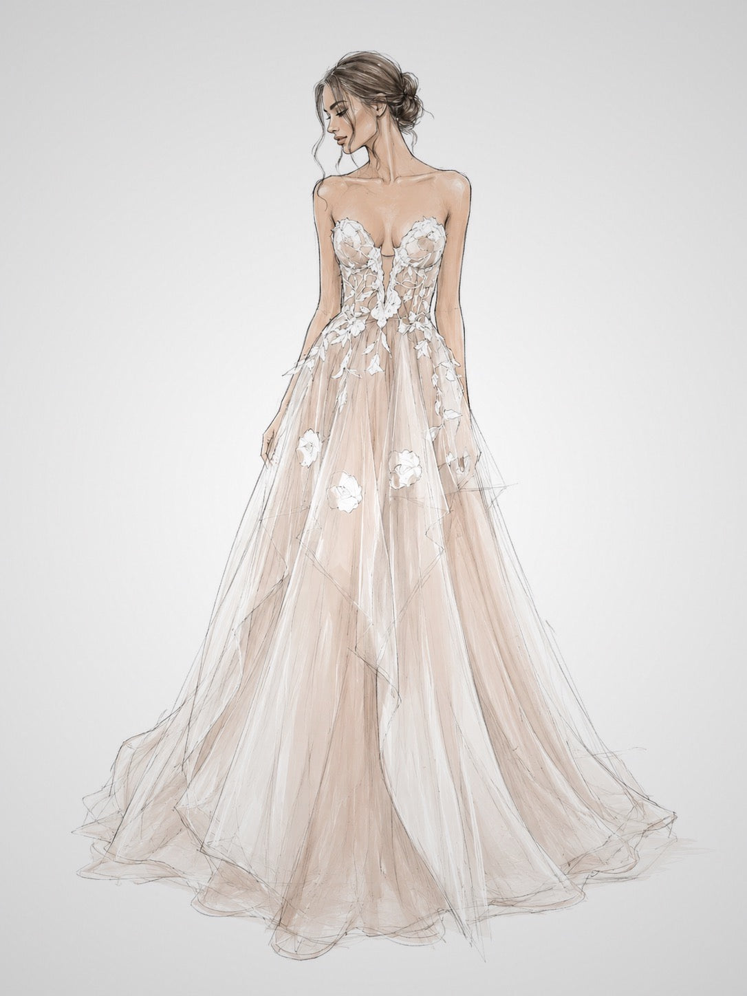 Fashion illustration of the Arrowyn ethereal wedding dress by Lauren Elaine.