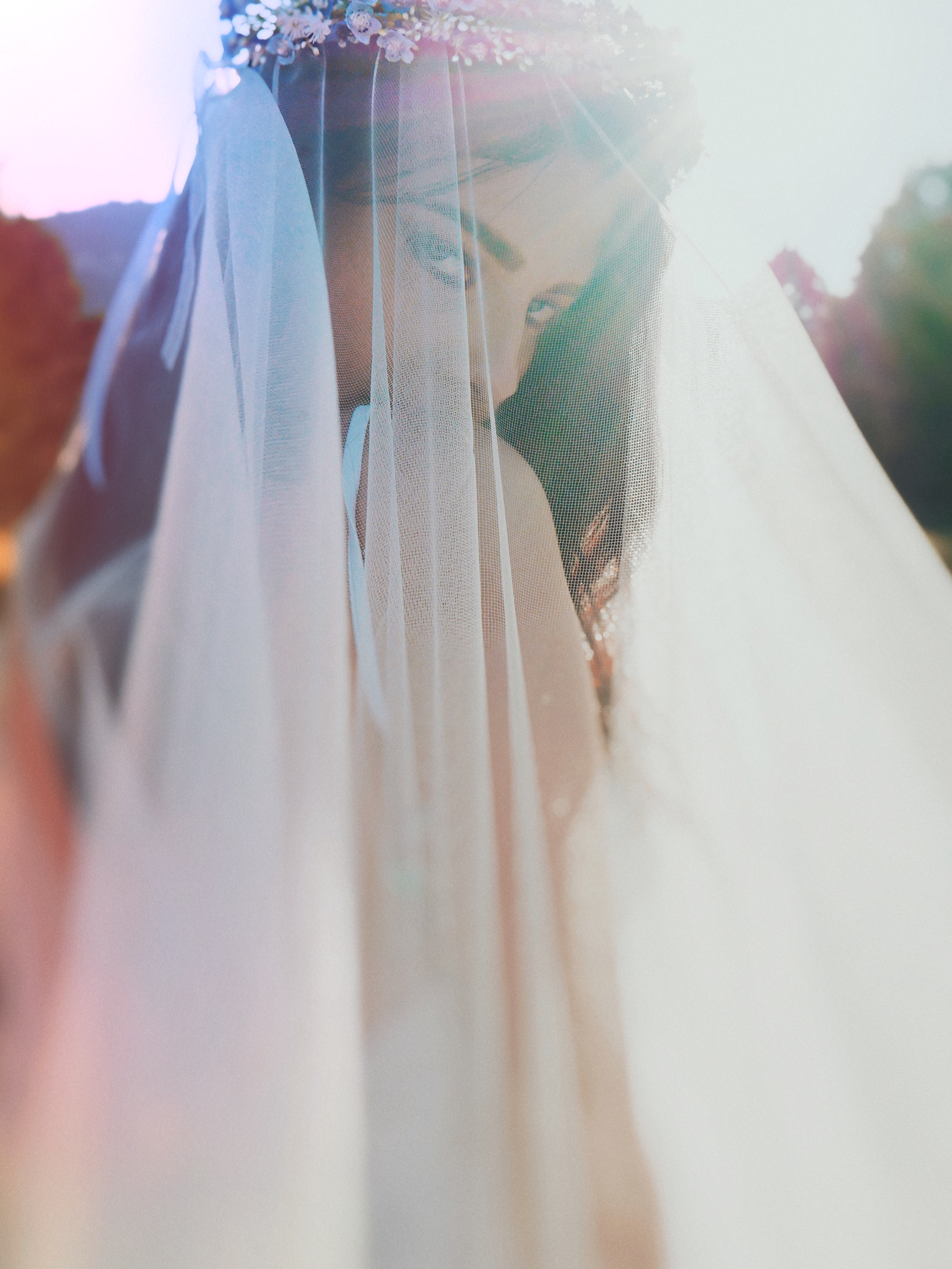 Close up details on a tulle blusher style wedding veil by Lauren Elaine