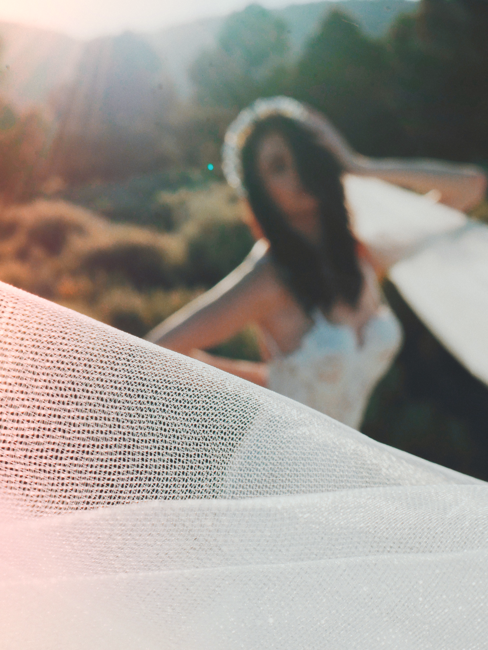 Bridal fashion editorial in a wildflower field with a tulle blusher wedding veil