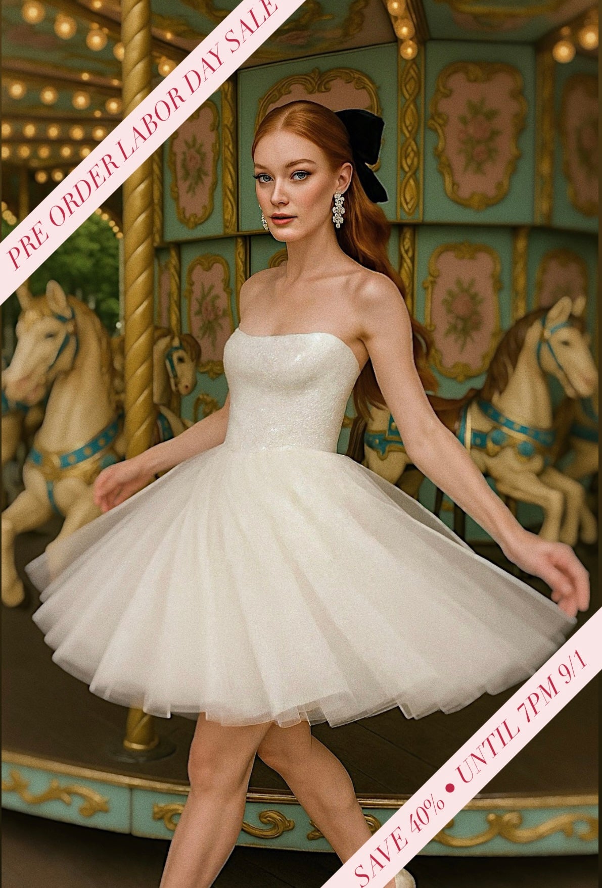 Étoile bridal mini dress with strapless sequin bodice and layered tulle skirt, carousel setting