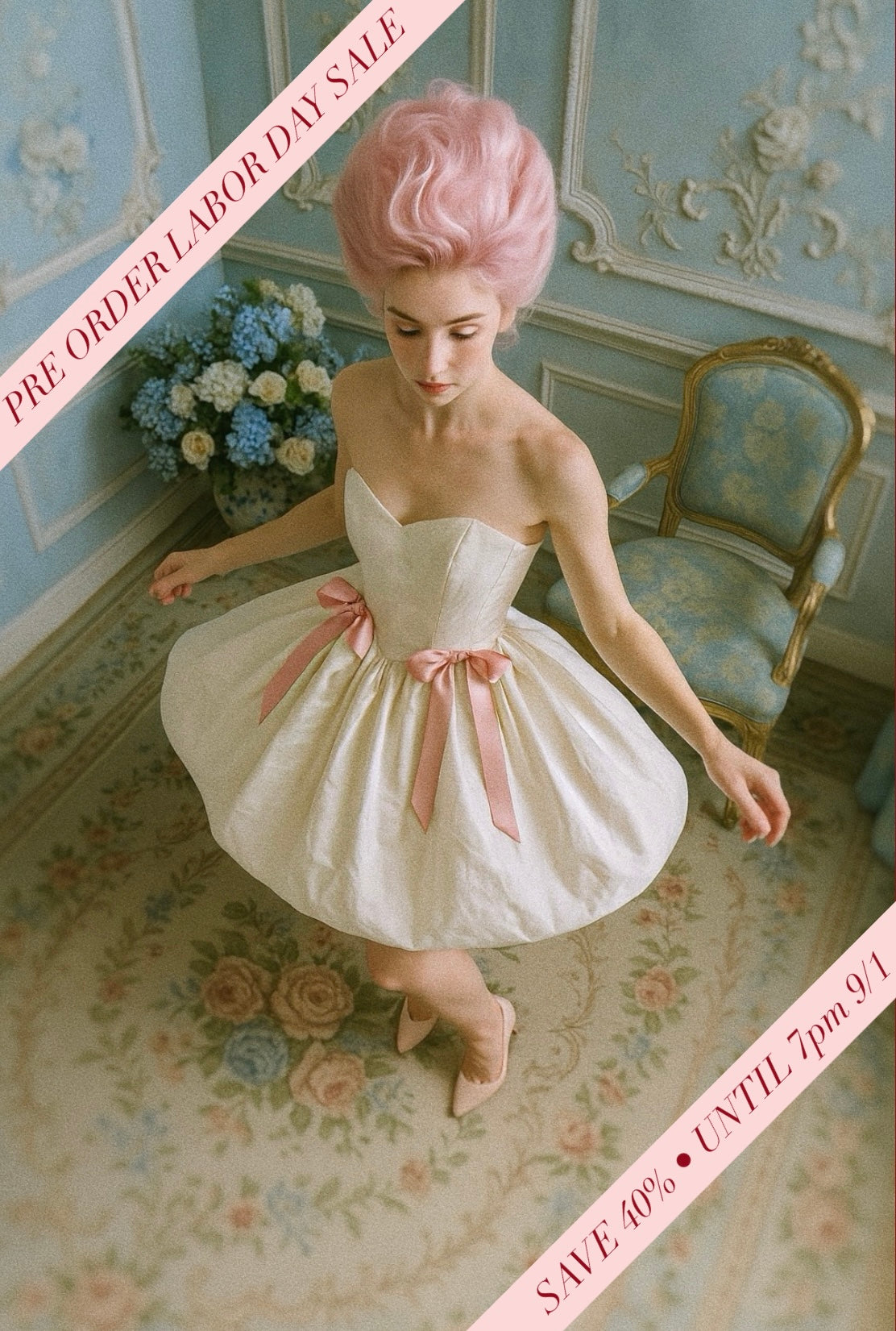 Bridal mini dress in silk taffeta with blush bows, sweetheart neckline, and Basque waist.