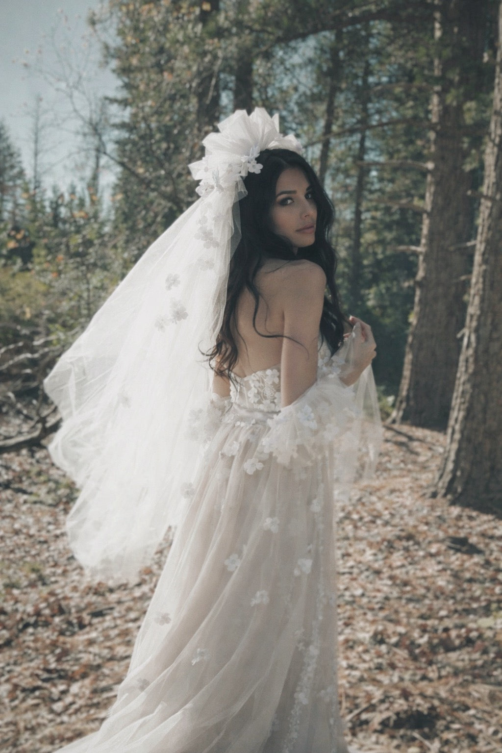 Cherie white bridal veil with three-dimensional white floral appliqués on airy tulle