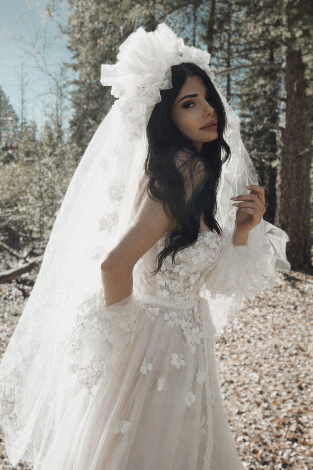 White wedding veil with dimensional floral details – Cherie Veil by Lauren Elaine