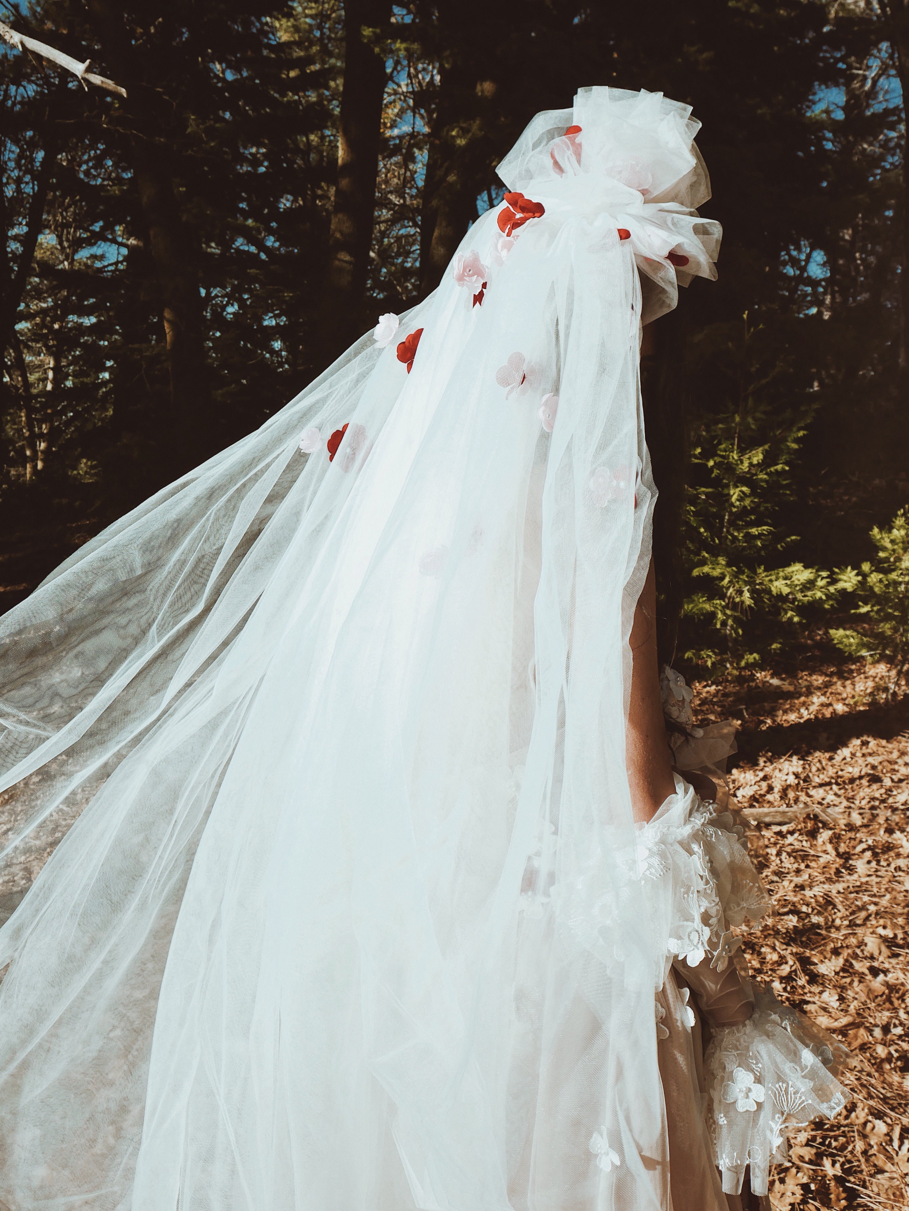Back view of CHÉRIE veil by Lauren Elaine with 3D flowers and pearls in blush and red tones.