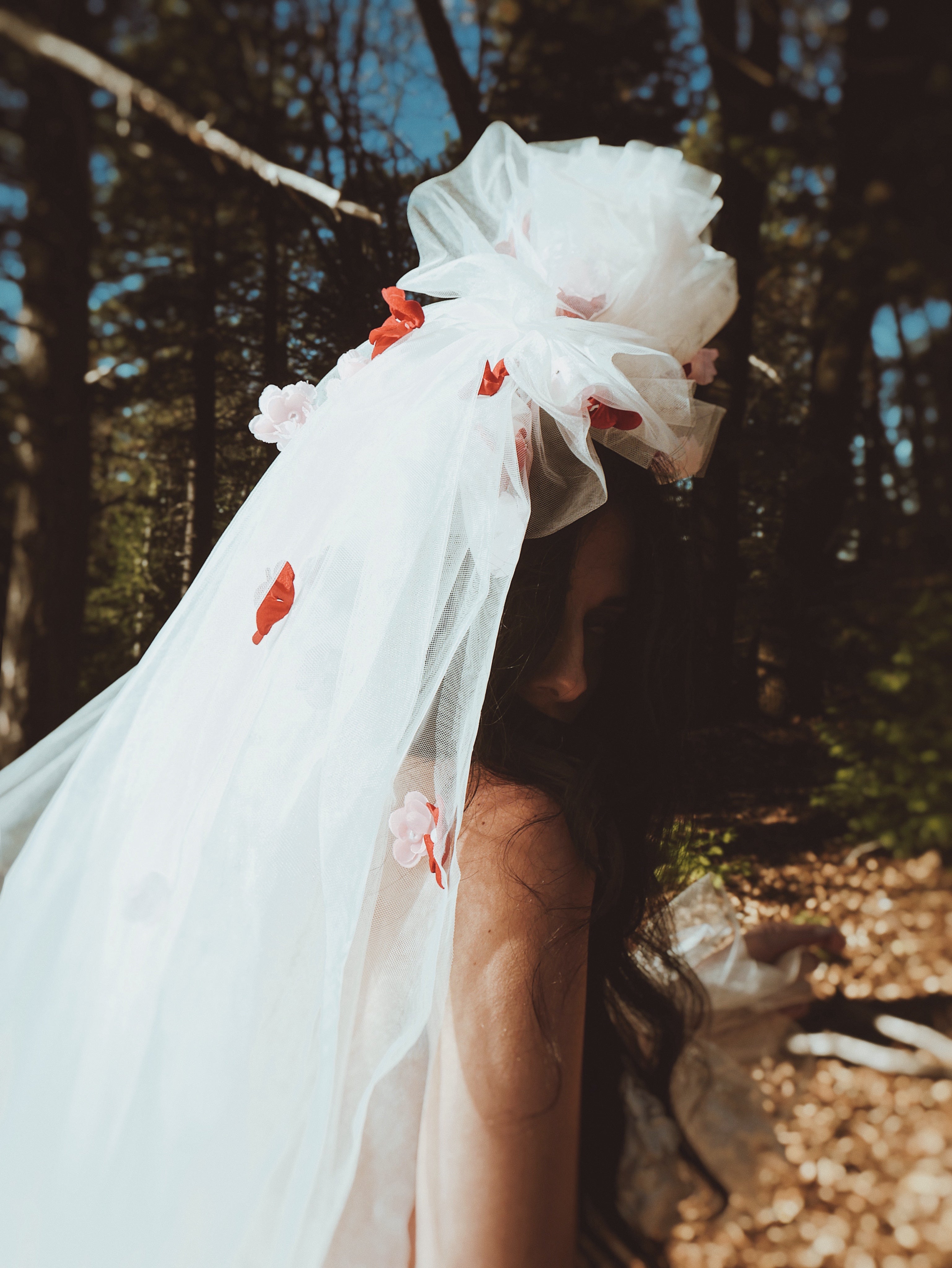 Soft tulle bridal veil with dimensional floral appliqués and pearls, 80s bridal silhouette by Lauren Elaine.