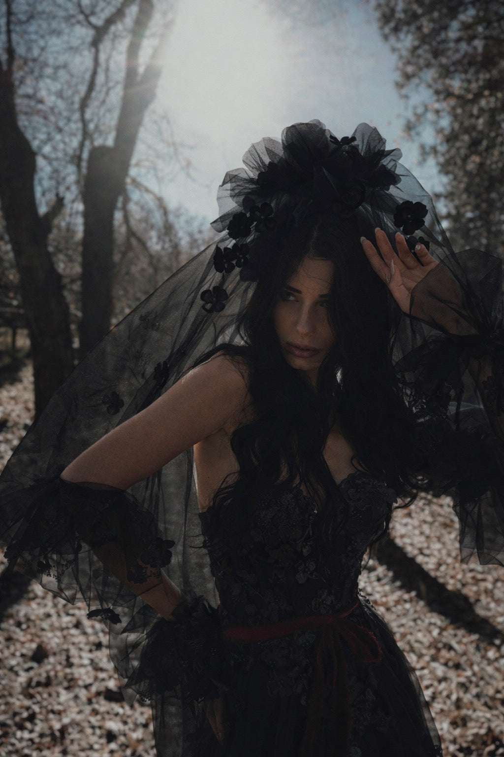 Non-traditional black wedding veil with floral appliqués, Cherie Veil
