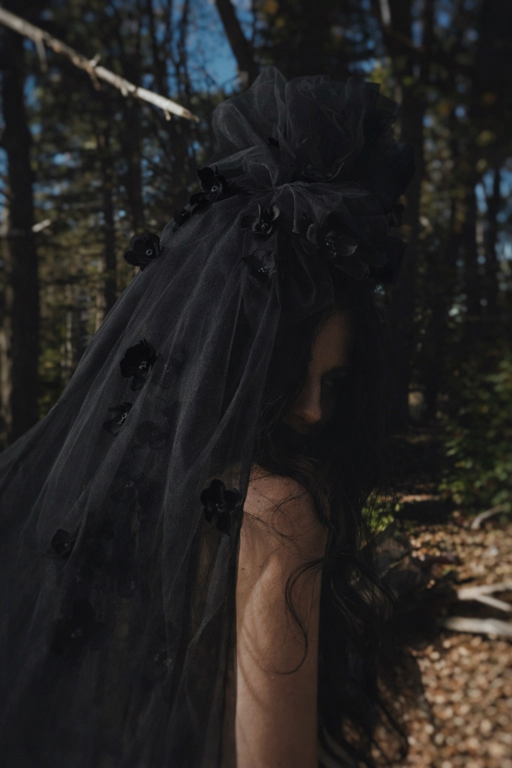 Black wedding veil with sculptural floral details – Cherie Veil by Lauren Elaine
