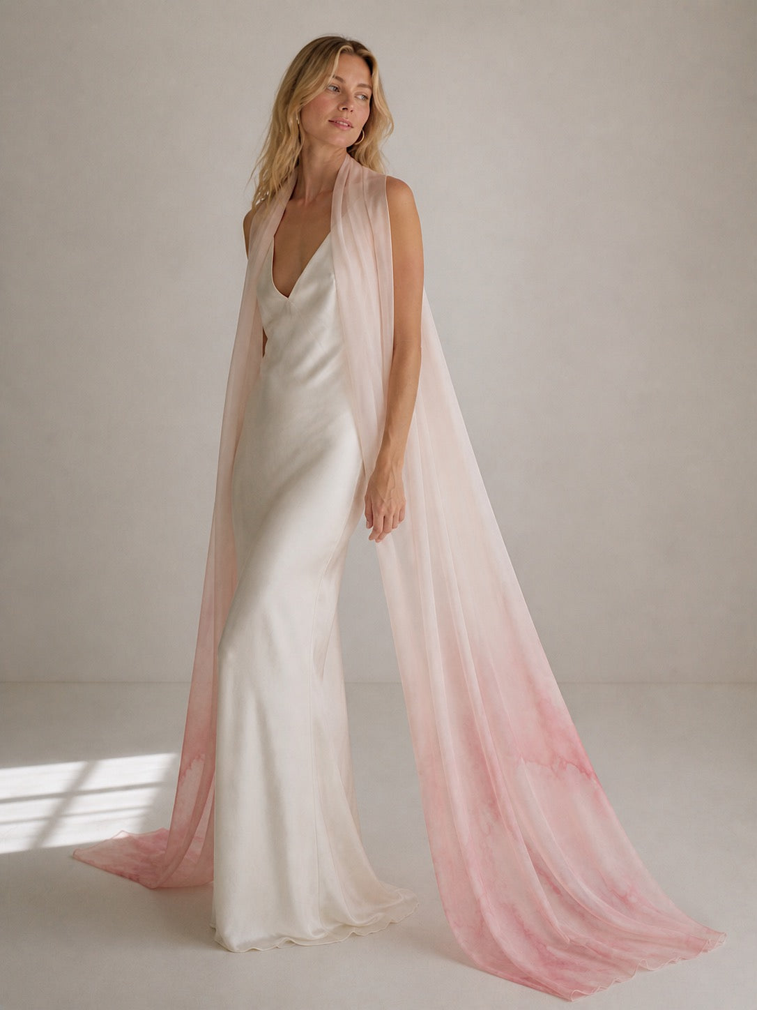 Blush pink ombré bridal scarf in airy chiffon with minimalist silk satin wedding dress
