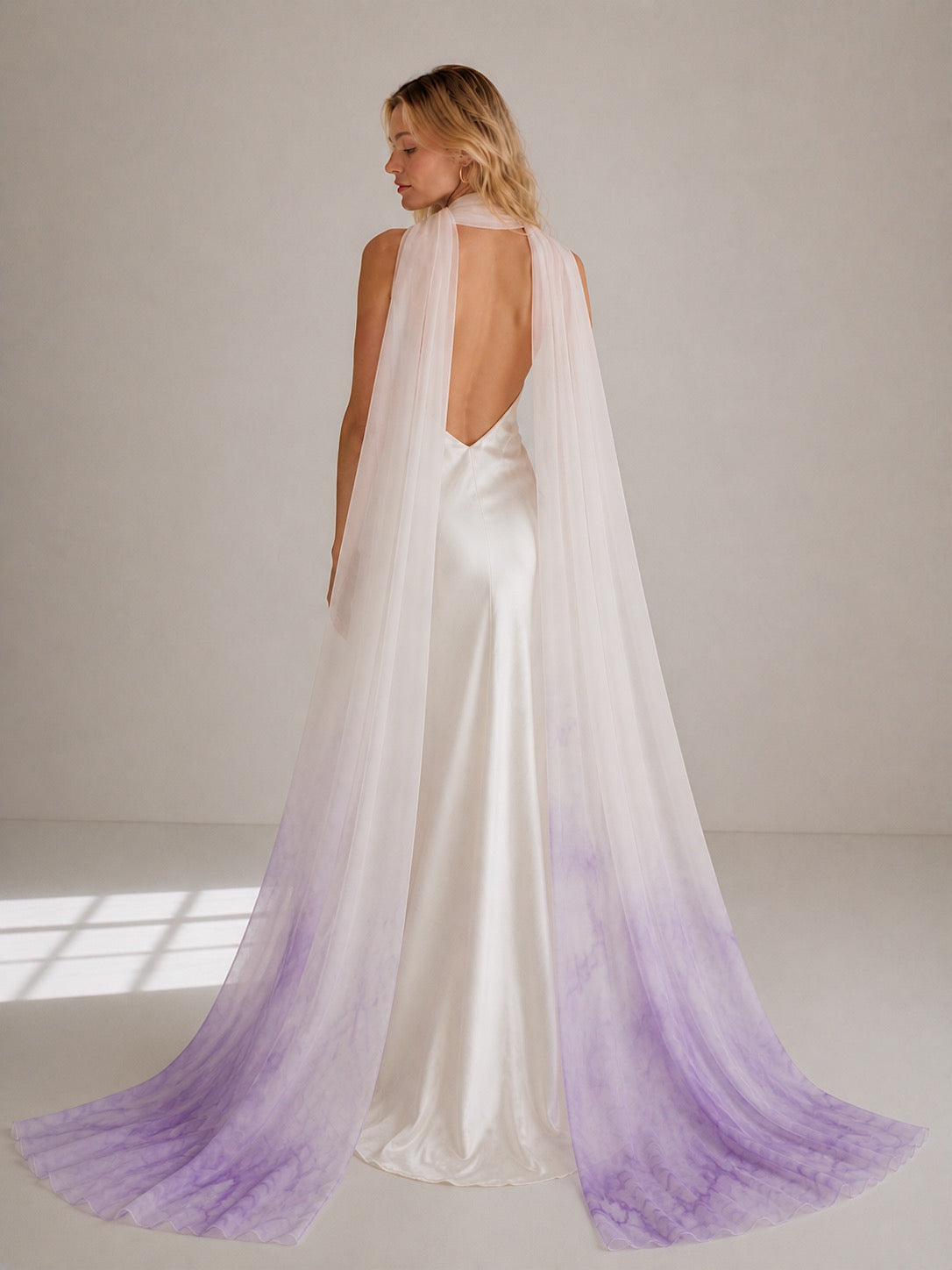 Lavender watercolor bridal scarf in flowing chiffon with minimalist satin wedding dress and open back