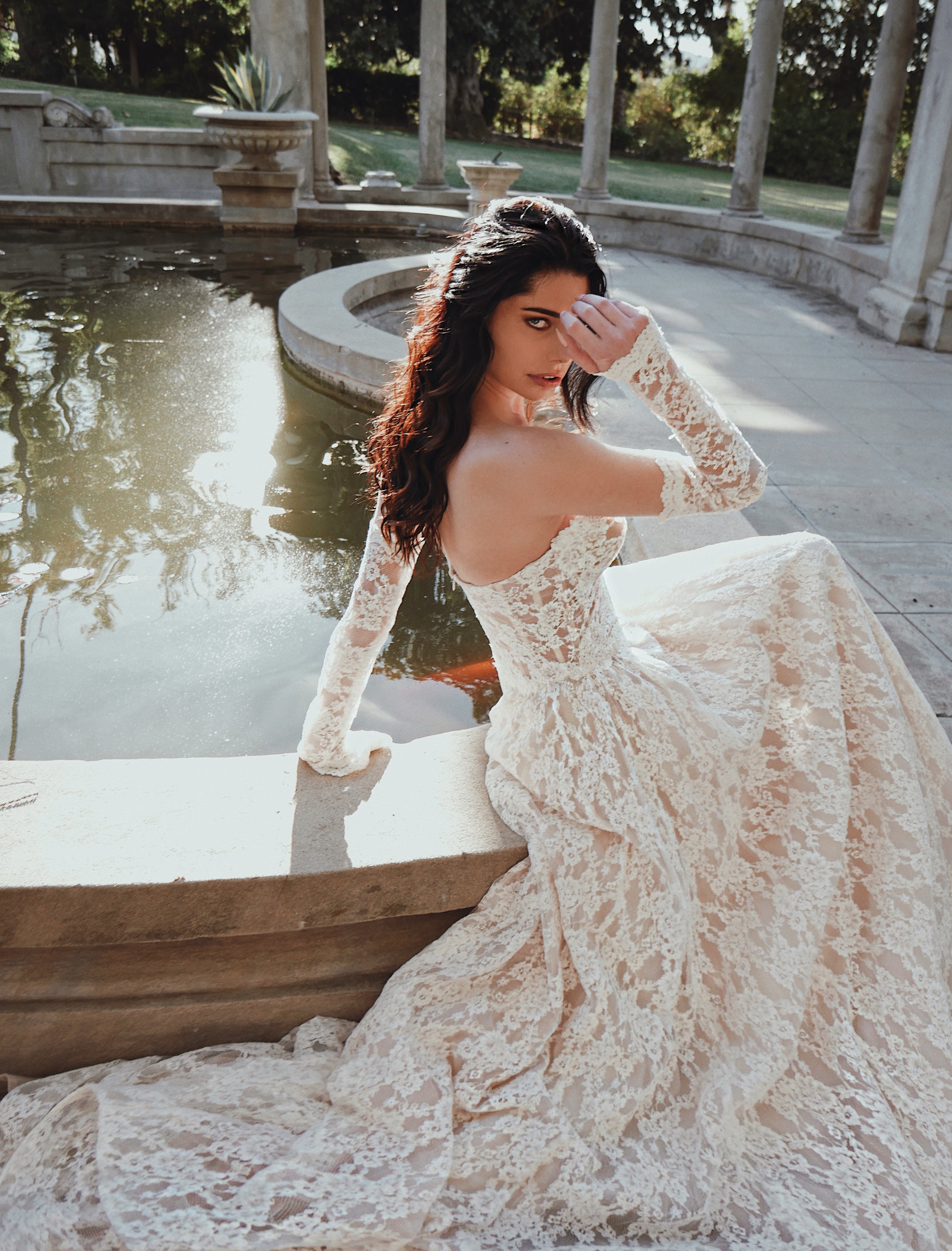 Romantic portrait showcasing Lauren Elaine’s detachable lace wedding sleeves
