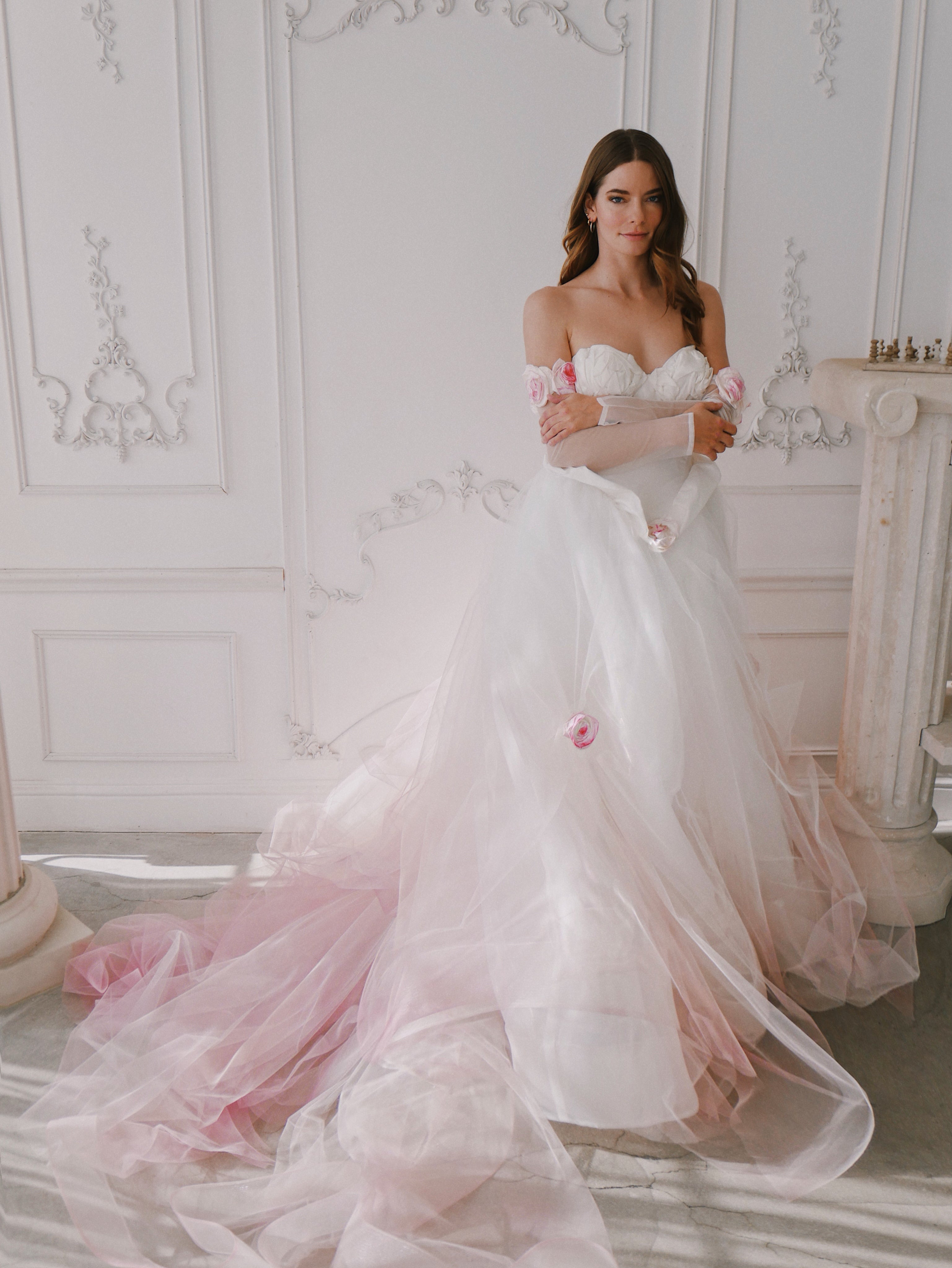 Blush ombre wedding dress with tulle ballgown skirt in mansion