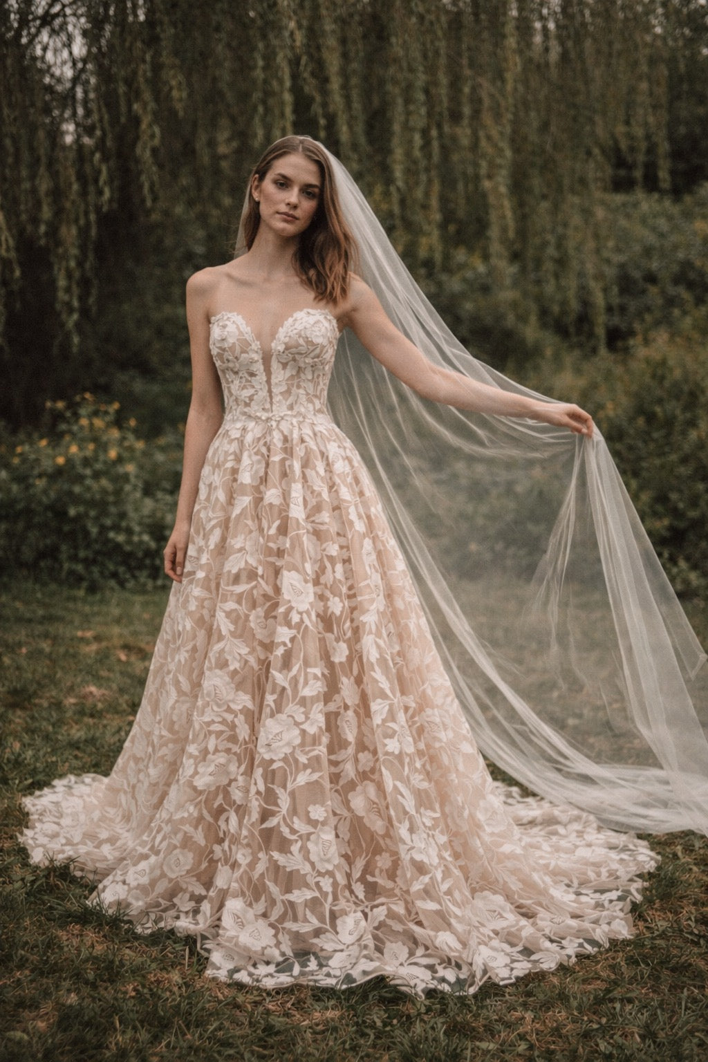 Elowen modern princess wedding dress with floral lace appliqué and nude underlay by Lauren Elaine