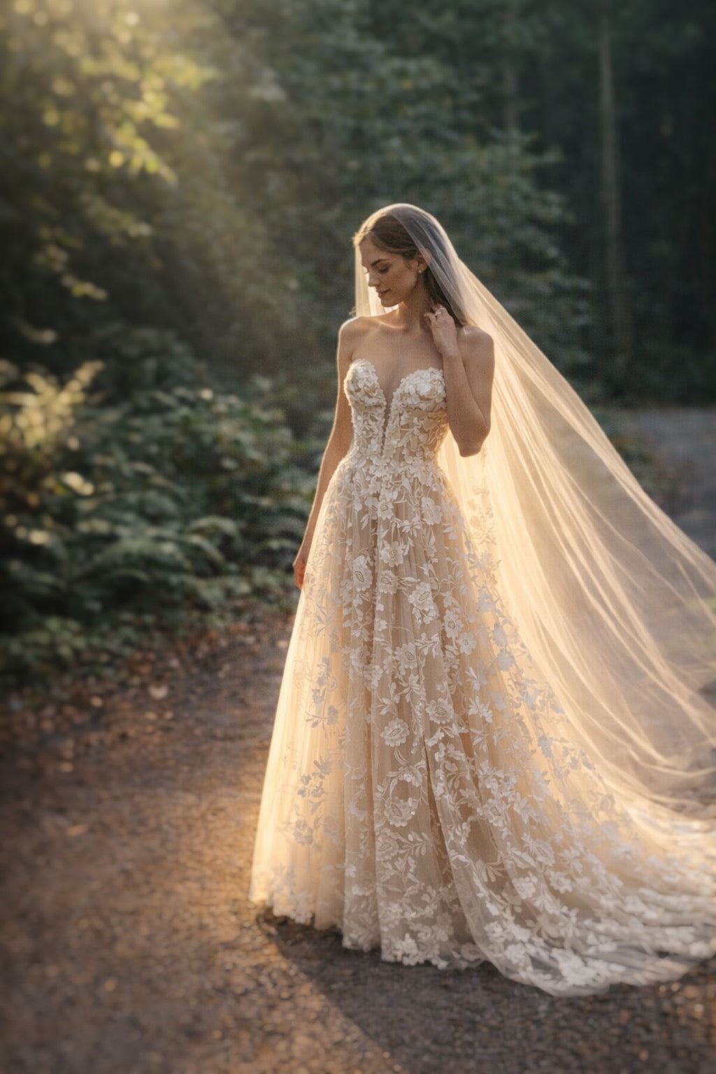 Elowen ethereal floral lace wedding gown with cathedral train and illusion bodice in golden light