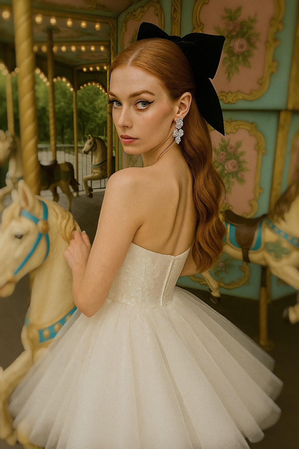 Bride wearing Étoile mini wedding dress with sequin bodice and tulle skirt, looking over shoulder