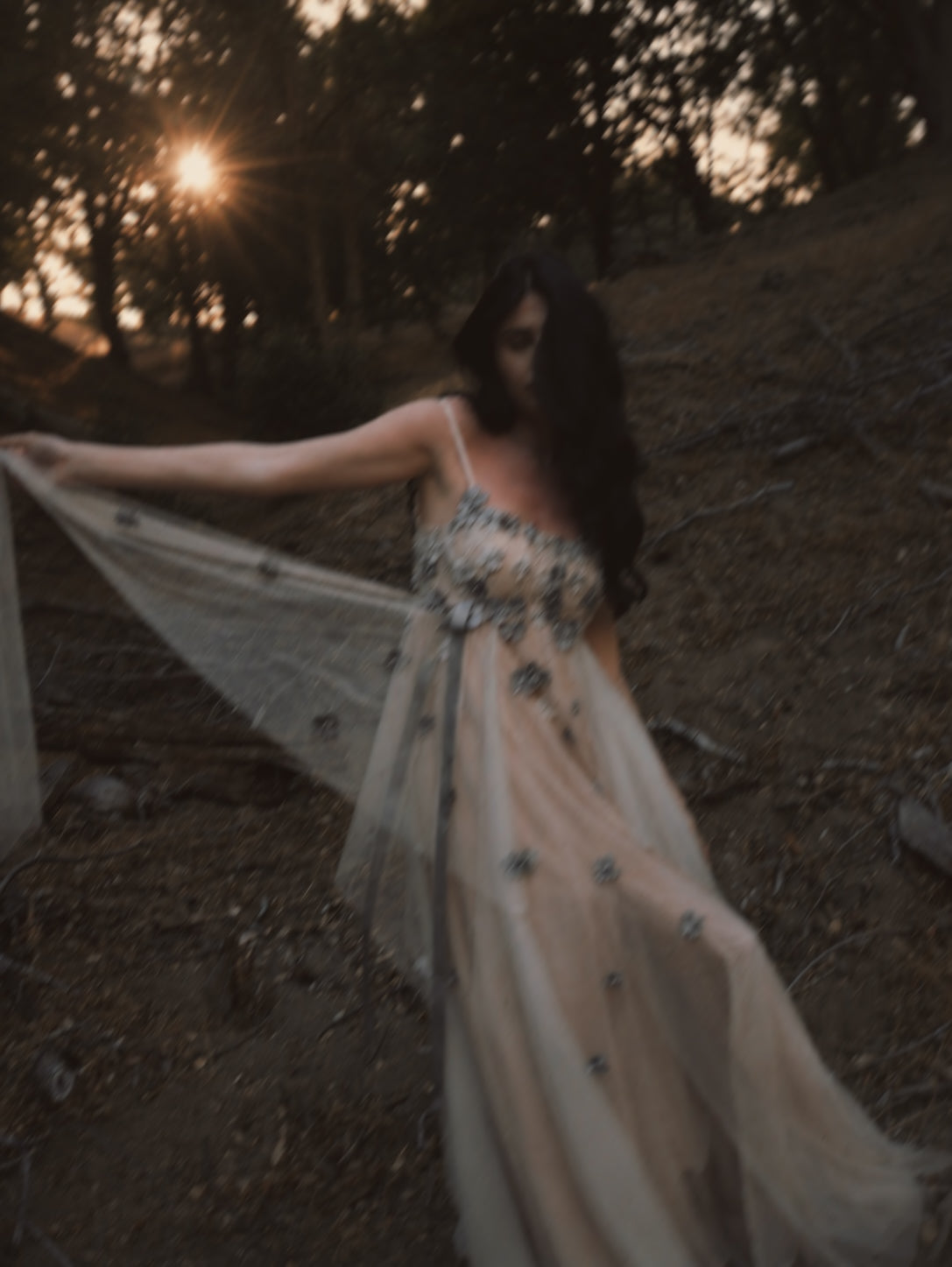 Florêve Midnight gray floral wedding dress with dimensional wildflower appliqués and flowing sheer tulle