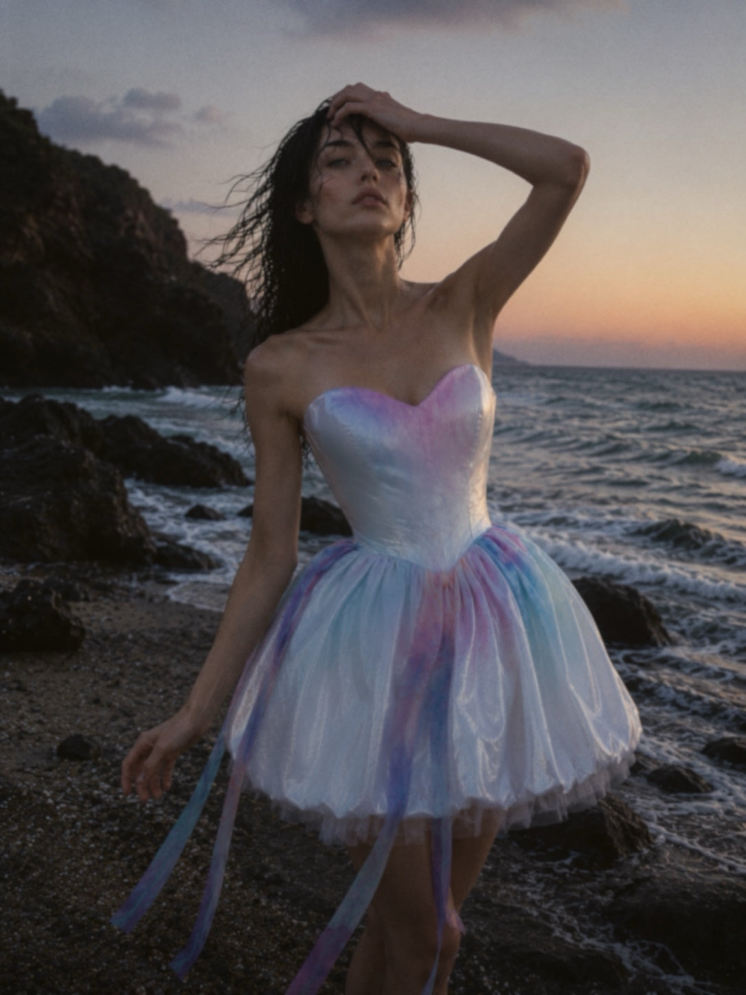 Moondreamer Mini bridal mini dress photographed at sunset by the ocean featuring a hand-painted watercolor satin bodice