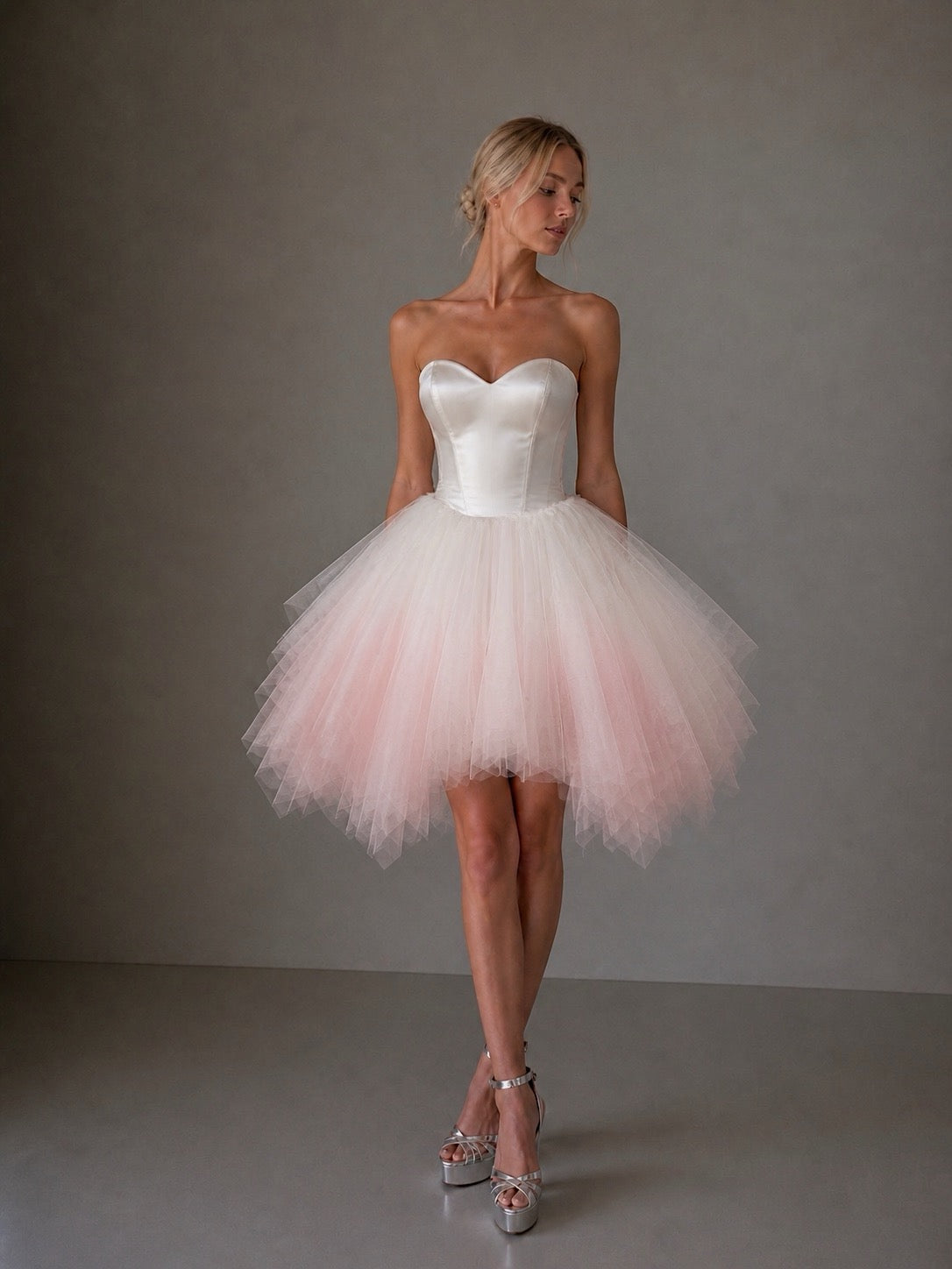Opaline Mini blush ombre wedding mini dress with layered feathered tulle skirt