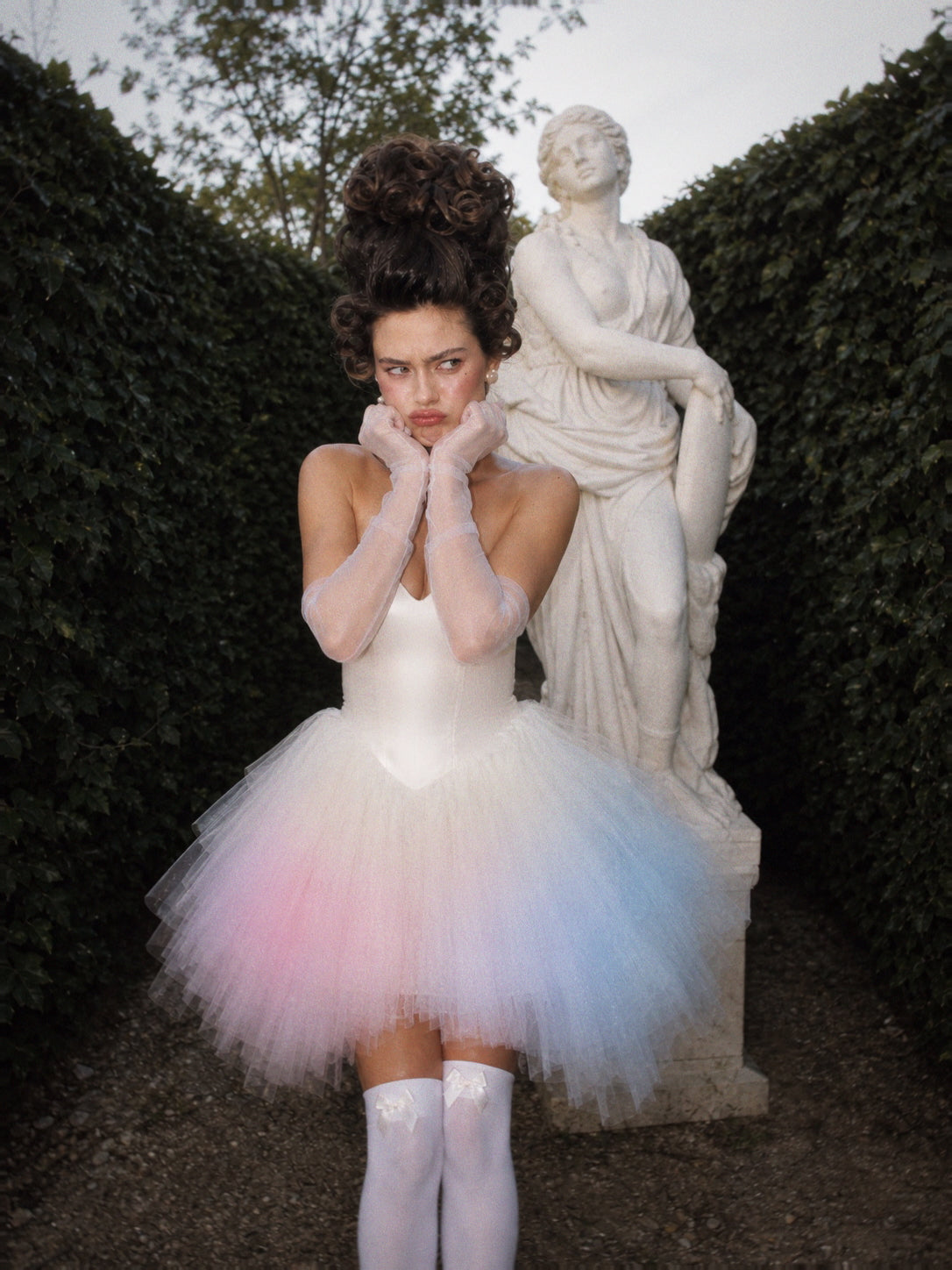 Opaline Mini rainbow ombre wedding mini dress with satin corset bodice and layered tulle skirt