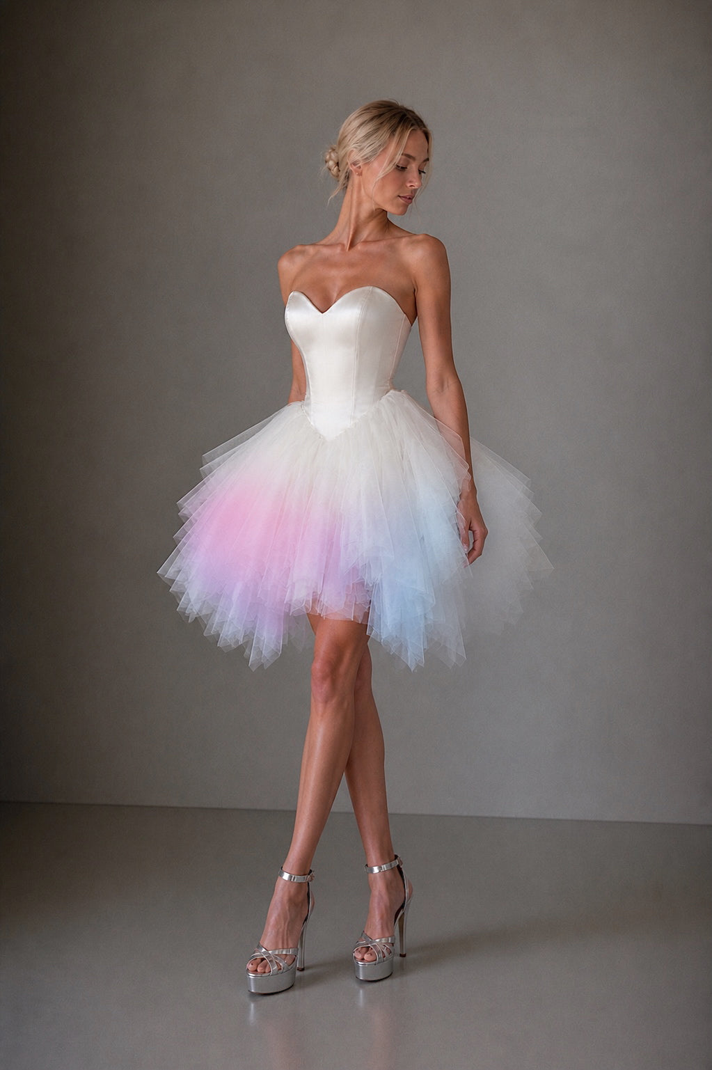 Opaline Mini colorful ombre wedding dress with feathered tulle skirt and satin sweetheart bodice