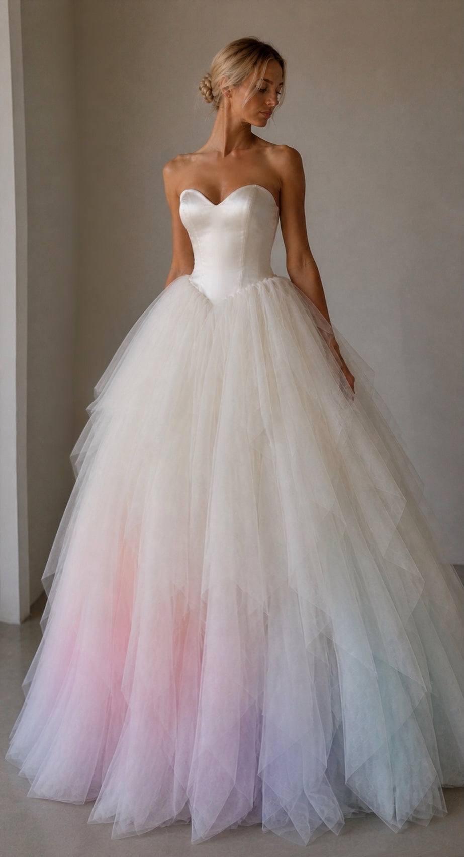 Opaline rainbow ombre wedding dress strapless bodice with full tulle skirt and pastel color fade