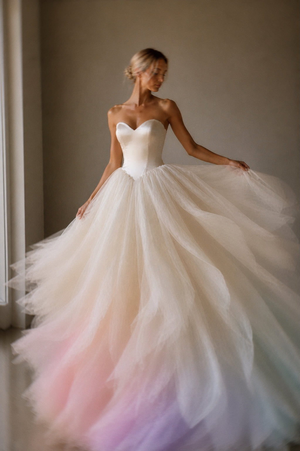 Opaline colorful wedding dress with hand-painted ombre tulle skirt in soft rainbow tones