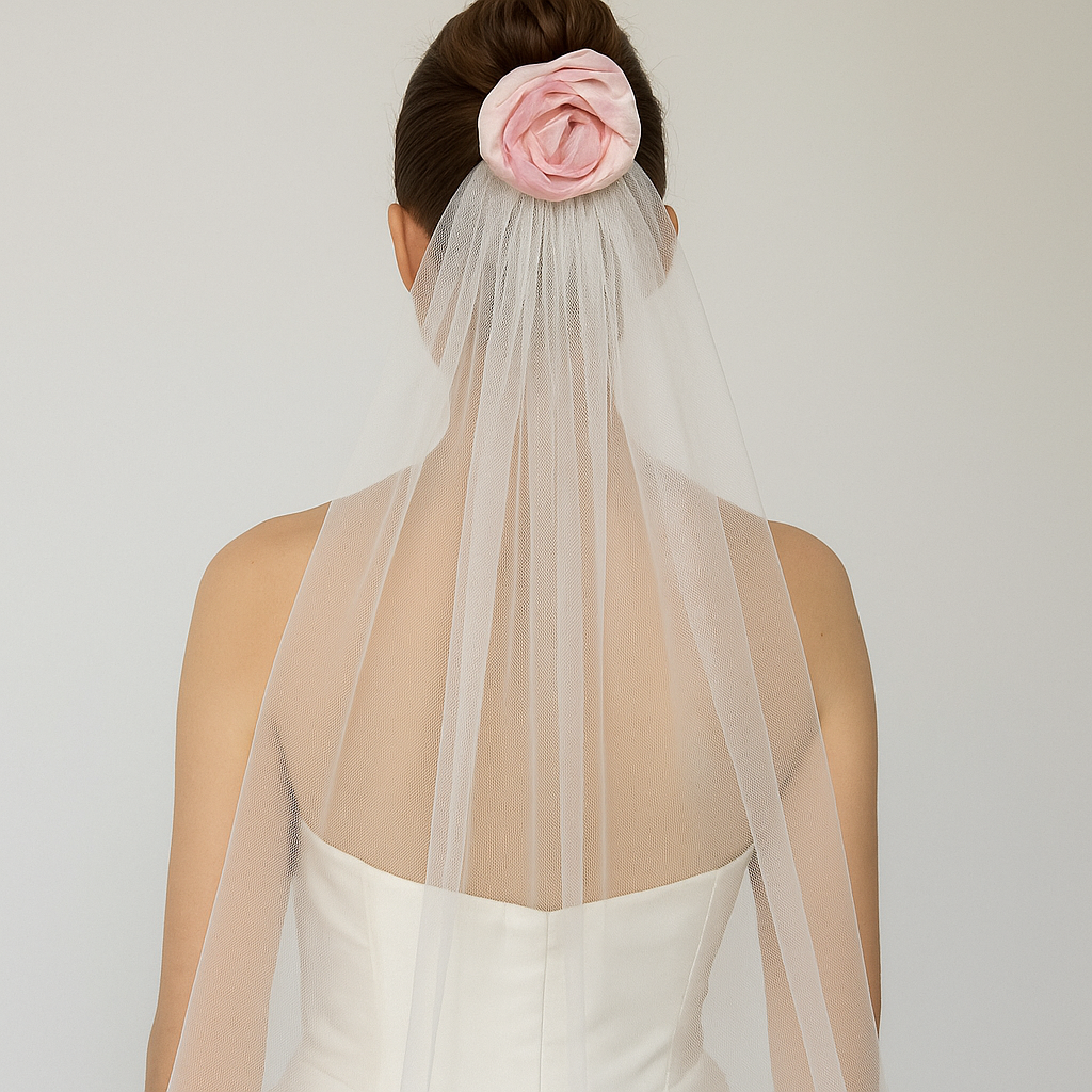 Close-up of handcrafted pink silk taffeta rose bridal veil