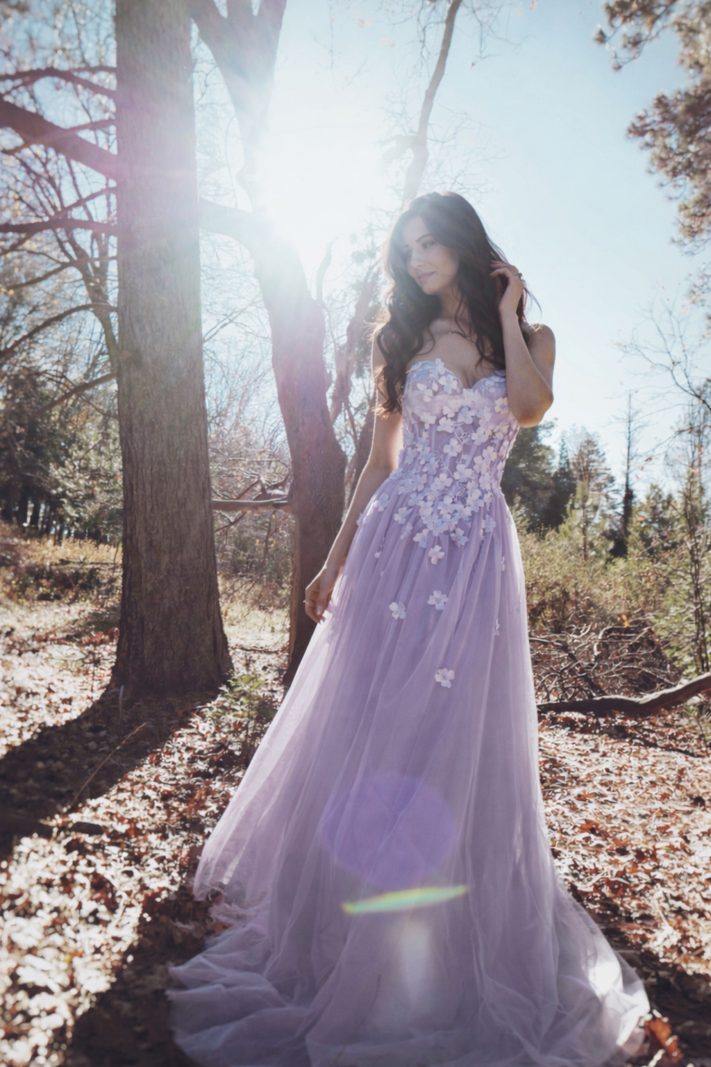 Valen lavender wedding dress featuring dimensional floral appliqués, sweetheart corset bodice, and soft ethereal A-line silhouette
