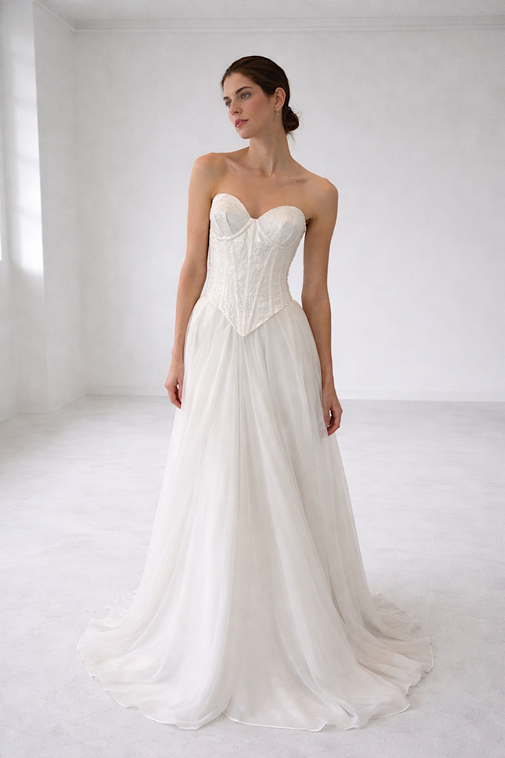 Cadence luxury basque waist wedding dress with floral jacquard corset bodice by Lauren Elaine Bridal