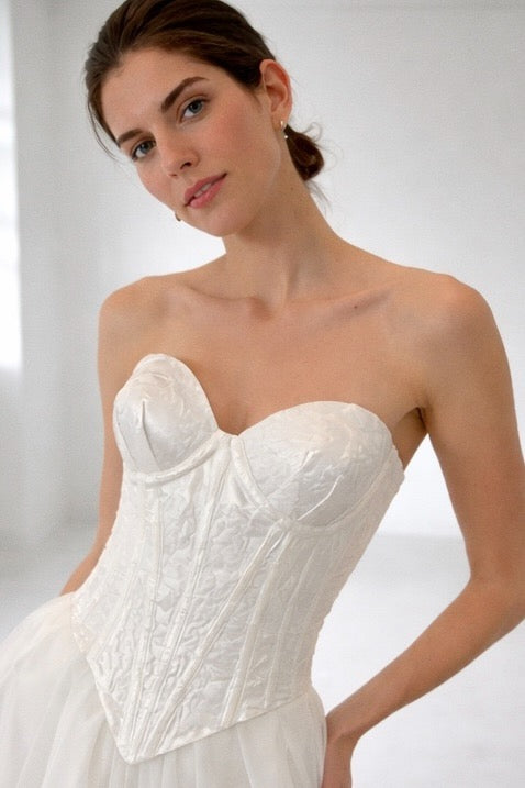 Cadence floral jacquard corset wedding dress close-up by Lauren Elaine Bridal